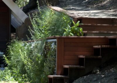 Living wall of California native plants including Yerba Buena, redwood sorrel, idaho fescue, dwarf aster, chalk dudleya, local sedum, and more. The framing is redwood and perforated steel.